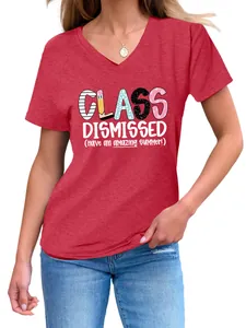 Detail view of red V-neck T-shirt with 'Class Dismissed' summer holiday graphic print