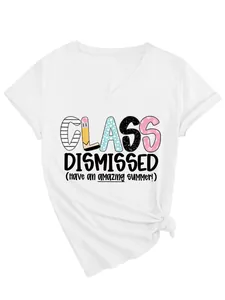 Detailed view of 'Class Dismissed' graphic on white women's V-neck short sleeve T-shirt