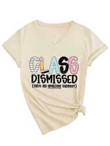 Close-up of beige V-neck T-shirt with 'Class Dismissed' graphic print and side knot.