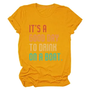 Gelbes Baumwoll-T-Shirt mit Rundhalsausschnitt und 'Boat Life'-Grafikdruck für Damen