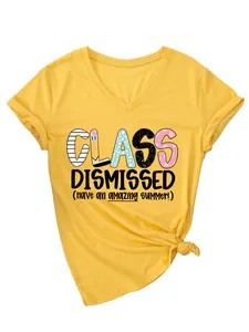 Yellow women's V-neck T-shirt featuring a 'Class Dismissed' graphic design for summer