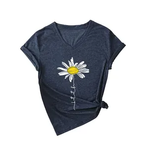 T-shirt décontracté bleu marine à col en V pour femme avec imprimé marguerite élégant
