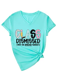 Detailed view of the mint green V-neck T-shirt with 'Class Dismissed' graphic print.