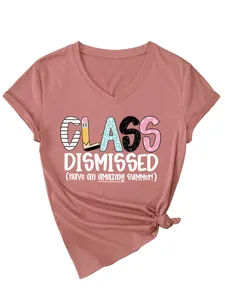 Women's pink V-neck short sleeve T-shirt featuring a colorful Class Dismissed graphic print
