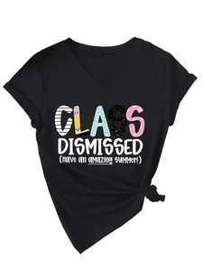 Stylish black V-neck T-shirt featuring a colorful 'Class Dismissed' graphic print design