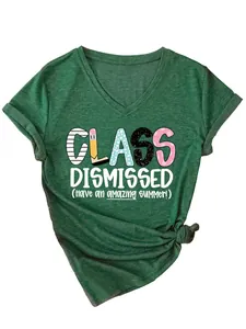 Detailed view of women's dark green V-neck T-shirt with Class Dismissed graphic print