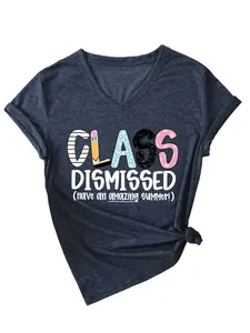Close-up detail of the 'Class Dismissed' graphic print on a navy blue V-neck T-shirt
