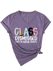 Close-up of Class Dismissed printed V-neck purple heathered t-shirt for women