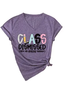 Detailed view of the Class Dismissed graphic print on a purple V-neck short sleeve t-shirt