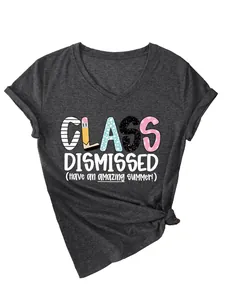 Detailed view of the artistic Class Dismissed print on a charcoal gray V-neck T-shirt