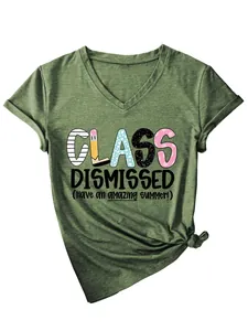 Detail view of 'CLASS DISMISSED' print on a green V-neck cotton T-shirt