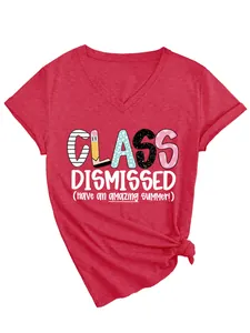 Detail view of the decorative 'Class Dismissed' print on a red heathered V-neck T-shirt.