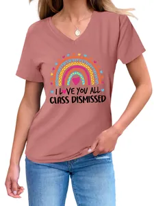 T-shirt décontracté à col en V pour femme rose poudré avec arc-en-ciel et citation d'enseignant