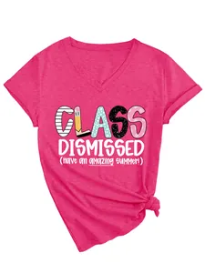 Close-up detail of 'Class Dismissed' print on a vibrant pink women's V-neck cotton T-shirt.