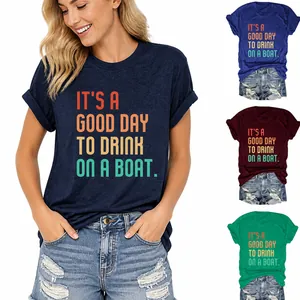 Camiseta de Mezcla de Algodón Informal para Mujer de Manga Corta con Cuello Redondo y Eslógan Retro de Barco Ajuste Holgado para Vacaciones de Verano Top