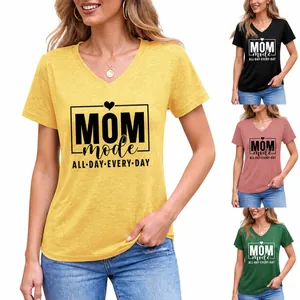 Camiseta de Manga Corta con Cuello en V para Mujer Mezcla de Algodón Estampada Mom Mode All Day Every Day Casual Ajuste Holgado