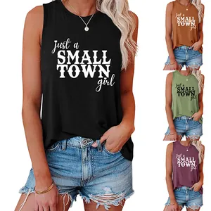 Detailed view of casual sleeveless tank top for women with small town girl print