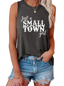 Close-up of a charcoal grey tank top with white 'small town girl' slogan print