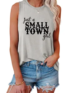Close-up detail of the 'just a small town girl' text print on a gray sleeveless tank top.