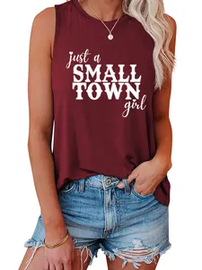 Sleeveless burgundy tank top for women with white 'Small Town Girl' print detail.