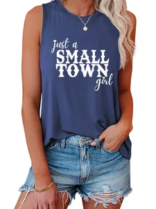 Detail view of the white printed text on the navy blue sleeveless tank top for women.