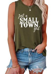 Casual army green tank top for women with 'Just a Small Town Girl' print.