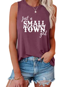 Casual loose sleeveless tank top for women with 'Just a Small Town Girl' graphic print