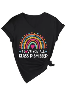 T-shirt noir à col en V avec imprimé arc-en-ciel 'I Love You All Class Dismissed'