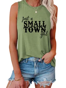 Detail view of olive green sleeveless tank top with just a small town girl slogan print