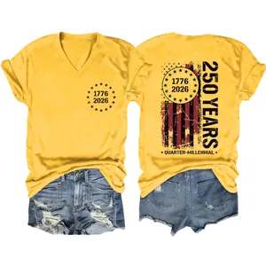 Γυναικείο μπλουζάκι V-neck με τύπωμα 250 Years Quarter-Millennial, κίτρινο χρώμα