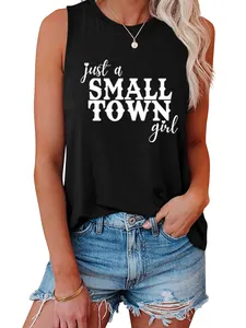 Detail of 'just a small town girl' print on women's black sleeveless tank top