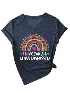 T-shirt gris foncé col en V pour femme avec arc-en-ciel et imprimé I LOVE YOU ALL.