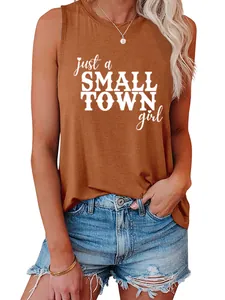 Detail view of women's brown loose tank top with white graphic print slogan