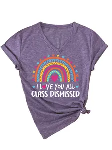 T-shirt violet à col en V pour enseignant avec arc-en-ciel et Class Dismissed