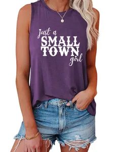 Close-up detail of purple sleeveless tank top with white Small Town Girl graphic print