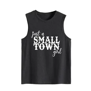 Detail of 'just a SMALL TOWN girl' print on women's loose casual black sleeveless tank top.