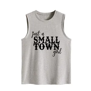 Detailed view of grey loose tank top featuring just a small town girl print