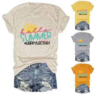 Detailed display of women's short sleeve T-shirts in multiple colors with summer print.