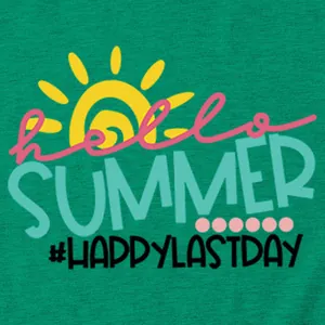 Detailed view of Hello Summer and Happy Last Day graphic print on a green cotton t-shirt