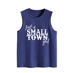 Detailed view of dark blue loose sleeveless tank top with white graphic text print