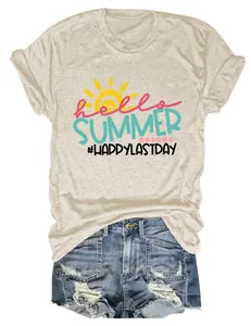 Casual women's 'Hello Summer' T-shirt paired with distressed denim shorts