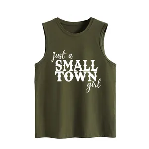 Close-up of olive green tank top with just a small town girl print