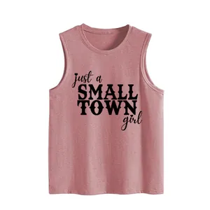 Detailed view of a mauve casual loose tank top for women with small town girl print