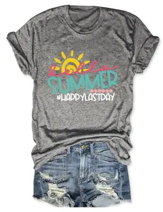 Women's casual grey crew neck short sleeve T-shirt with Hello Summer graphic print