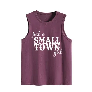 Women's casual purple sleeveless tank top with just a small town girl print detail