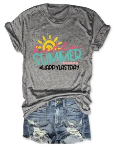 Detail of Hello Summer grey crew neck T-shirt with sun graphic print.