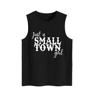 Detail of casual black sleeveless tank top with 'just a small town girl' white graphic print