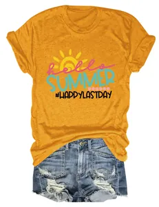 Macro view of Hello Summer graphic print on yellow round neck short sleeve t-shirt