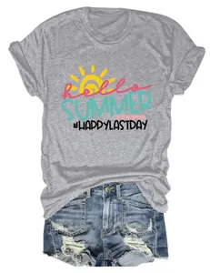 Detailed view of the Hello Summer graphic print on a grey casual crew neck cotton t-shirt