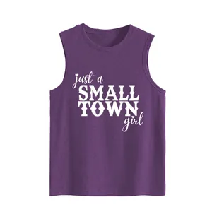 Detailed view of casual purple women's tank top with 'just a small town girl' print.